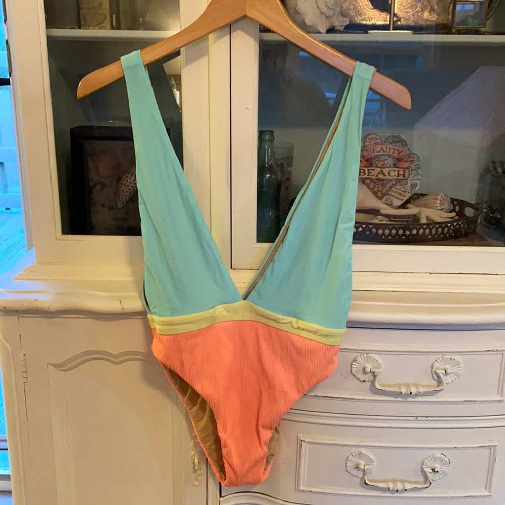 One piece retro swimsuit blue and coral size small